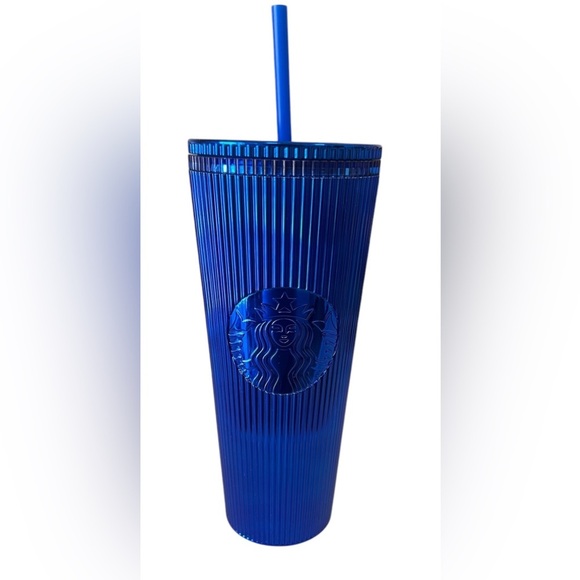 Starbucks Other - Starbucks Blue Chrome Pleated Metallic Looking Cold Tumbler Venti 24 oz.